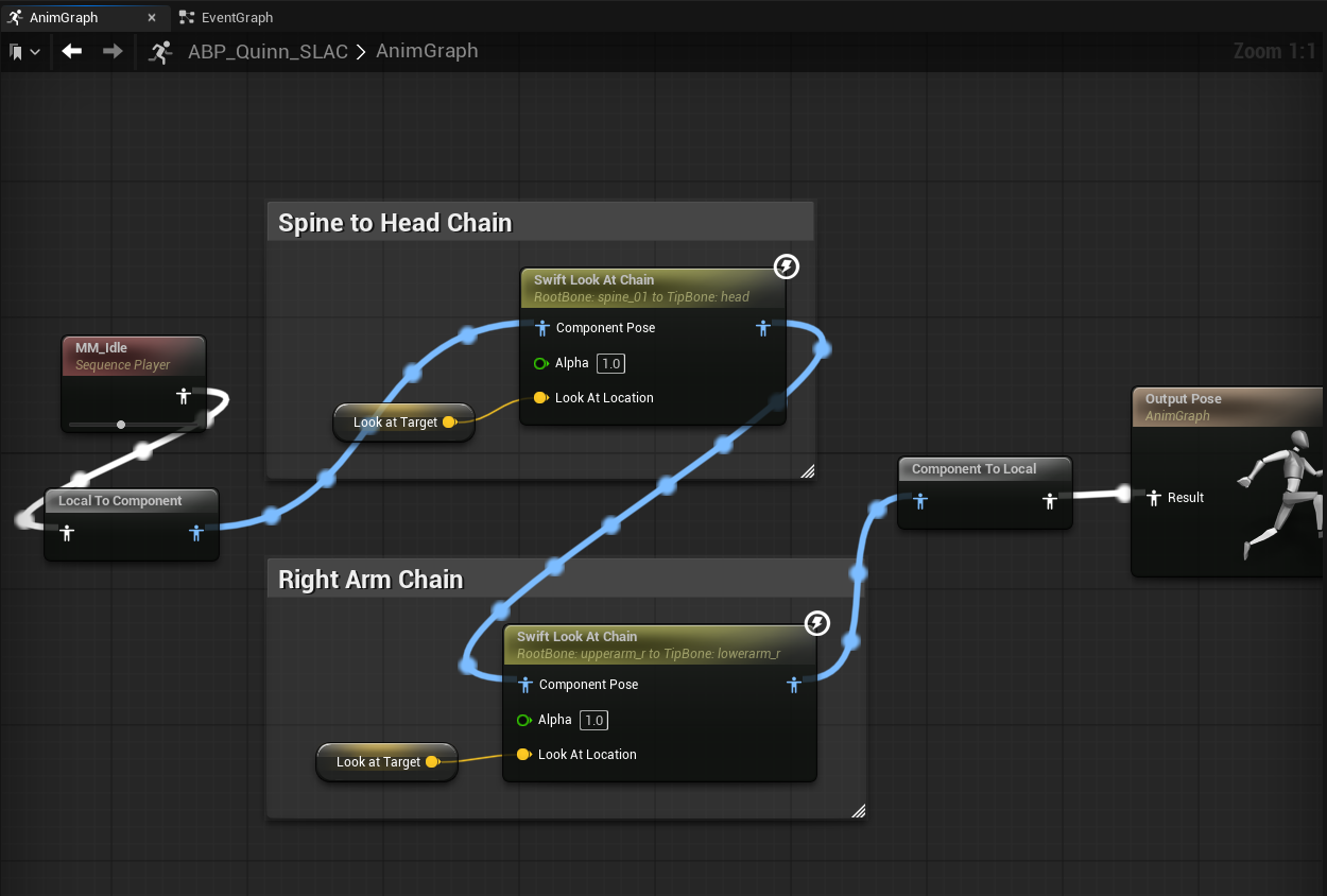 Figure 1: AnimGraph overview (Spine→Head and Right Arm chains)